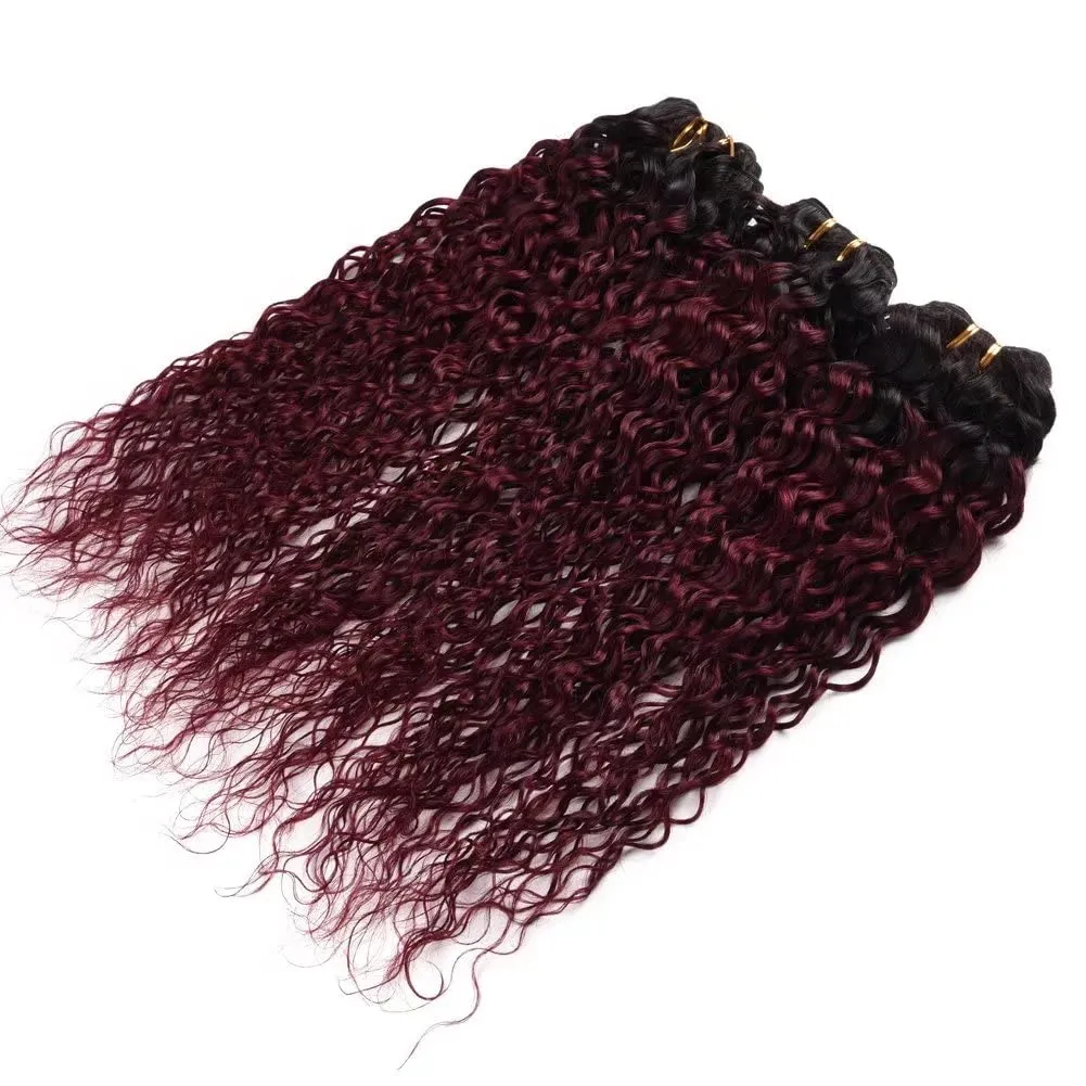 FEEL ME Ombre Hair Bundles Brazilian Water Wave Virgin Hair Bundles 1b/99j Black to Burgundy Ombre Brazilian Hair Weave Water Wave Ombre Human Hair Bundles 3Pcs 100% Human Hair Extensions(12 14 16)