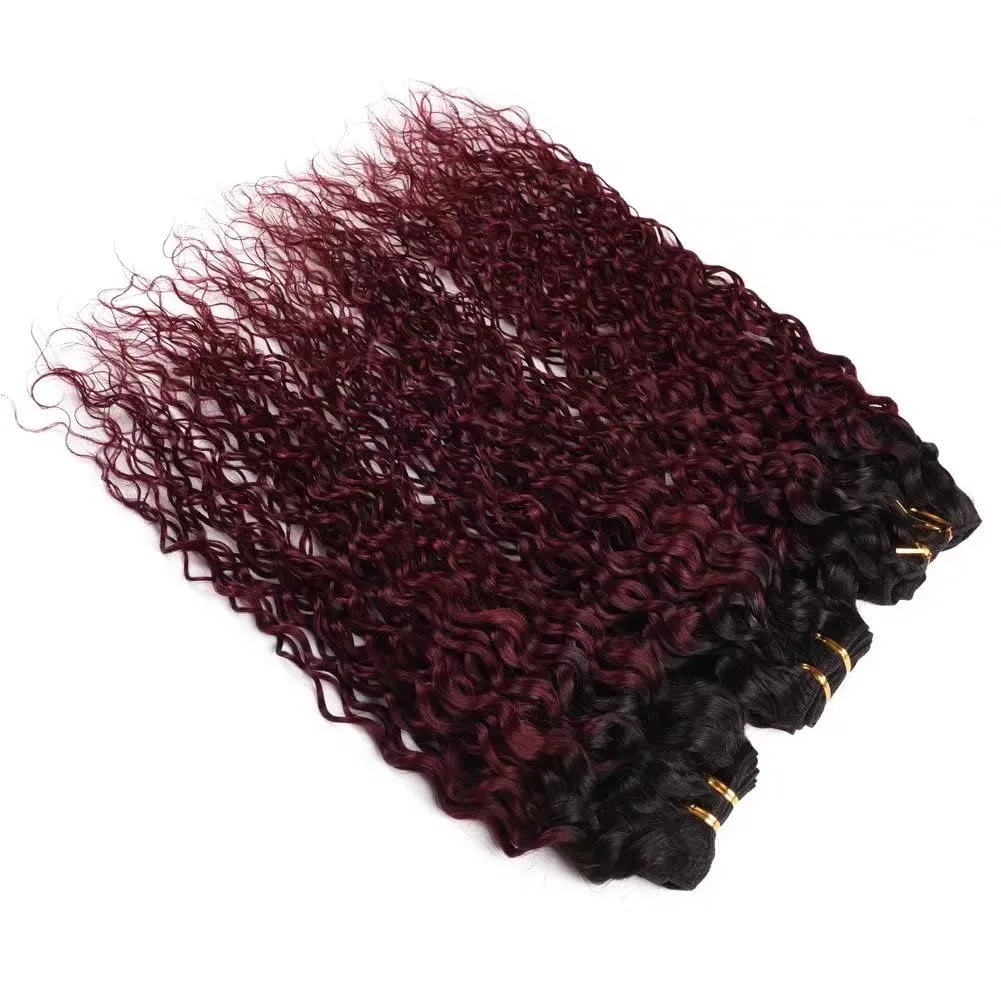 FEEL ME Ombre Hair Bundles Brazilian Water Wave Virgin Hair Bundles 1b/99j Black to Burgundy Ombre Brazilian Hair Weave Water Wave Ombre Human Hair Bundles 3Pcs 100% Human Hair Extensions(12 14 16)