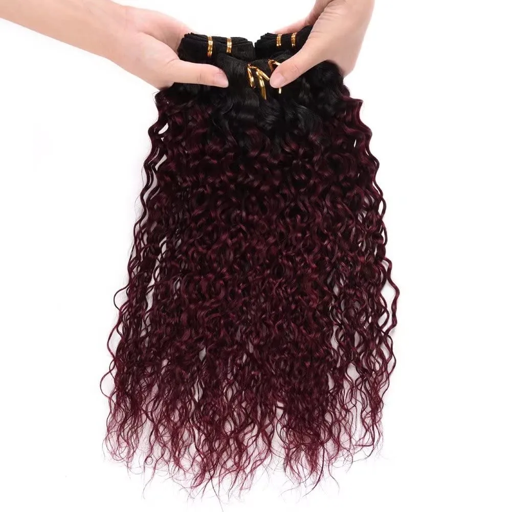 FEEL ME Ombre Hair Bundles Brazilian Water Wave Virgin Hair Bundles 1b/99j Black to Burgundy Ombre Brazilian Hair Weave Water Wave Ombre Human Hair Bundles 3Pcs 100% Human Hair Extensions(12 14 16)