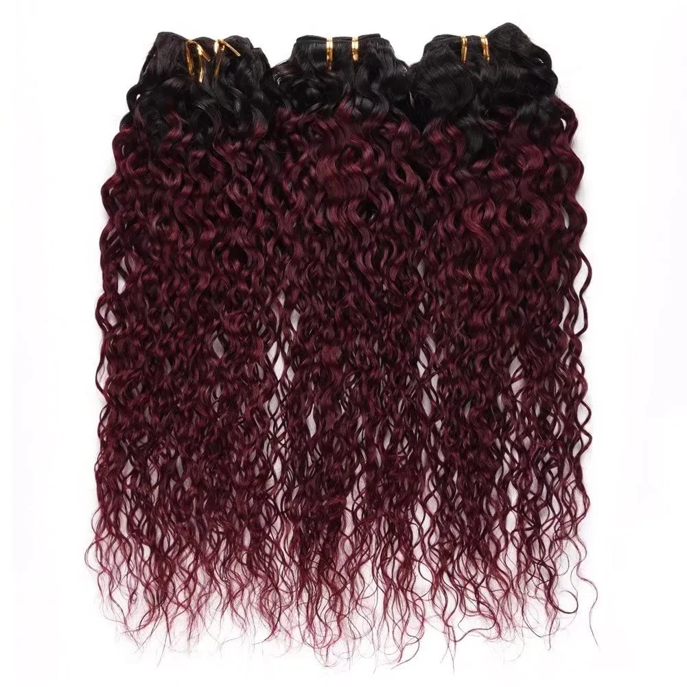 FEEL ME Ombre Hair Bundles Brazilian Water Wave Virgin Hair Bundles 1b/99j Black to Burgundy Ombre Brazilian Hair Weave Water Wave Ombre Human Hair Bundles 3Pcs 100% Human Hair Extensions(12 14 16)