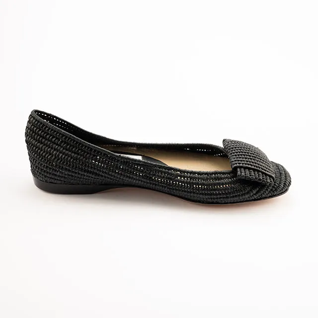 Flat Bow Raffia Chisel Ballet-Black