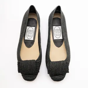 Flat Bow Raffia Chisel Ballet-Black