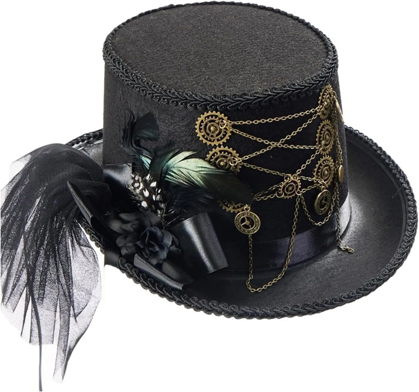 Flat Top Hat with Gear Chain Medieval Hat Halloween Girl Small Brims Fedoras Hat Stage Performances Hat