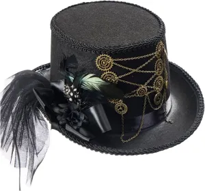Flat Top Hat with Gear Chain Medieval Hat Halloween Girl Small Brims Fedoras Hat Stage Performances Hat