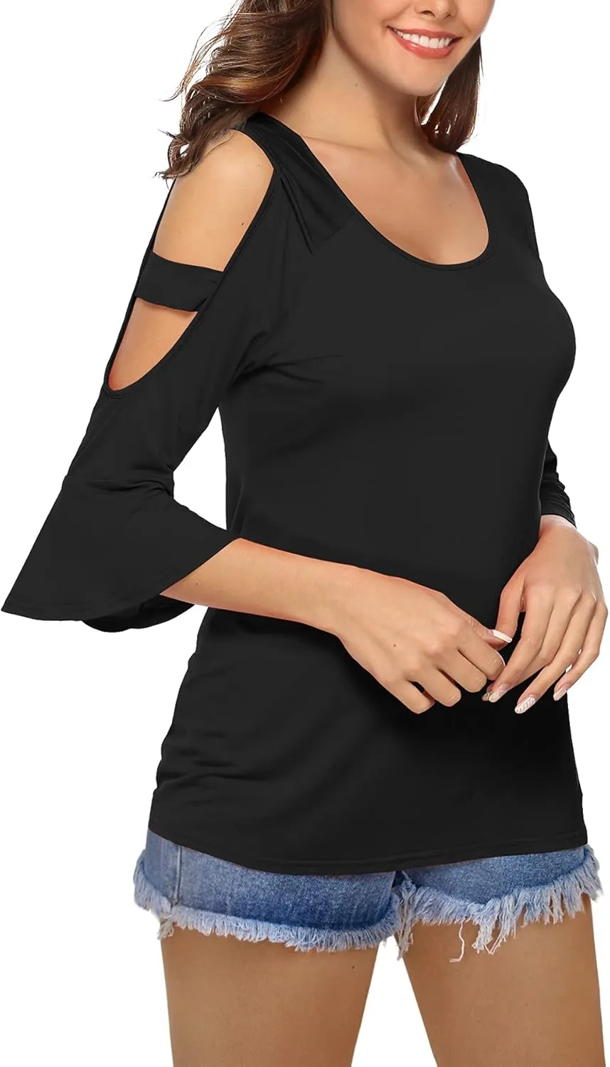 Florboom Womens Cold Shoulder Top Summer Basic T Shirts 3/4 Sleeve Casual Blouse Tshirts