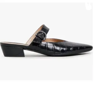 FOWT Black Croc-textured Pointed Toe Low Chunky Heel Strappy Mule Sandal