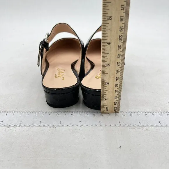FOWT Black Croc-textured Pointed Toe Low Chunky Heel Strappy Mule Sandal