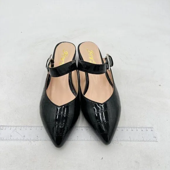 FOWT Black Croc-textured Pointed Toe Low Chunky Heel Strappy Mule Sandal