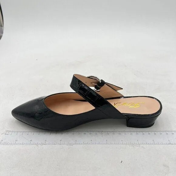 FOWT Black Croc-textured Pointed Toe Low Chunky Heel Strappy Mule Sandal