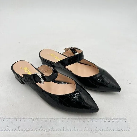 FOWT Black Croc-textured Pointed Toe Low Chunky Heel Strappy Mule Sandal