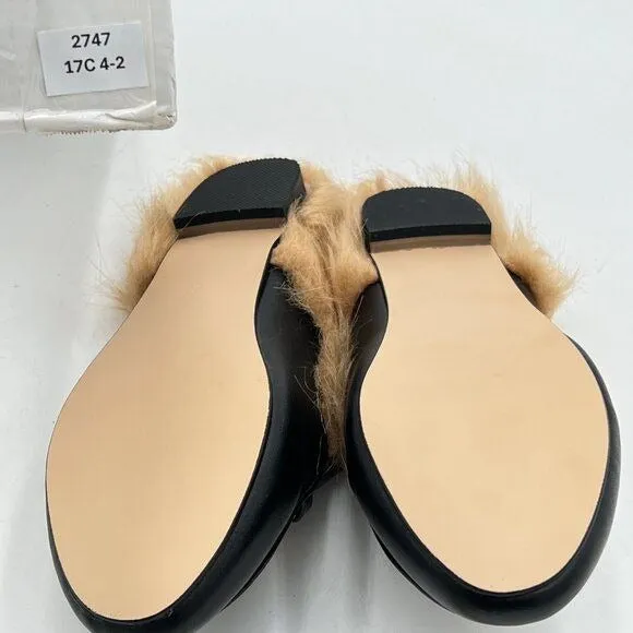 FOWT Black Fur Mules for Women Fluffy Fur Buckle Mule Shoes Backless Loafers