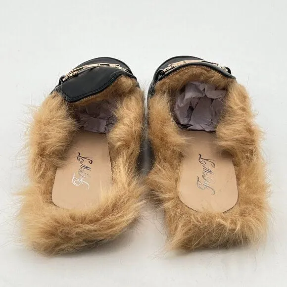 FOWT Black Fur Mules for Women Fluffy Fur Buckle Mule Shoes Backless Loafers
