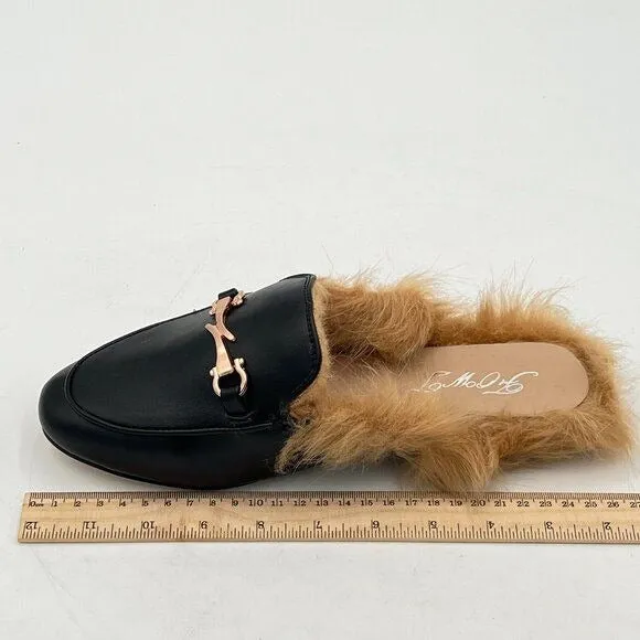 FOWT Black Fur Mules for Women Fluffy Fur Buckle Mule Shoes Backless Loafers