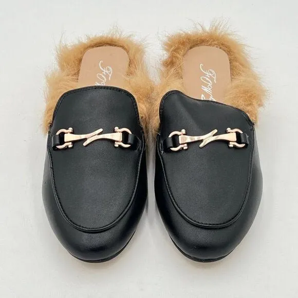 FOWT Black Fur Mules for Women Fluffy Fur Buckle Mule Shoes Backless Loafers
