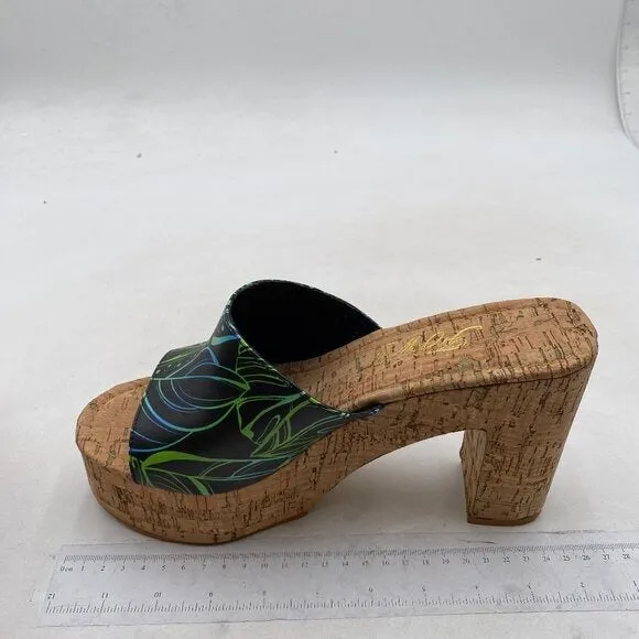 FOWT Black Leaves Cork High Chunky Heel Backless Mule Platform Open Toe Sandals