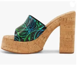 FOWT Black Leaves Cork High Chunky Heel Backless Mule Platform Open Toe Sandals