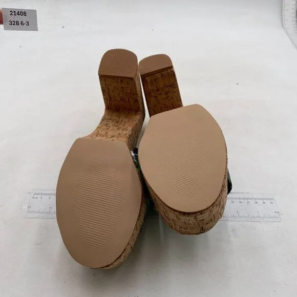FOWT Black Leaves Cork High Chunky Heel Backless Mule Platform Open Toe Sandals