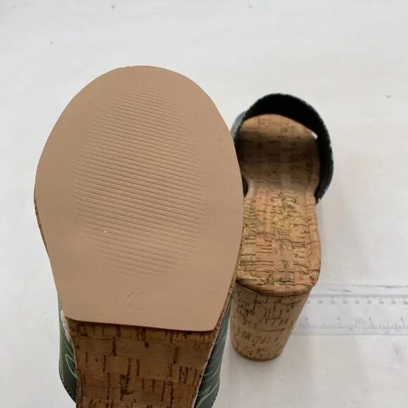 FOWT Black Leaves Cork High Chunky Heel Backless Mule Platform Open Toe Sandals