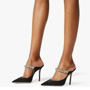FOWT Black Rhinestone Strappy Pointed Toe Mules Stiletto High Heels Bridal Mule