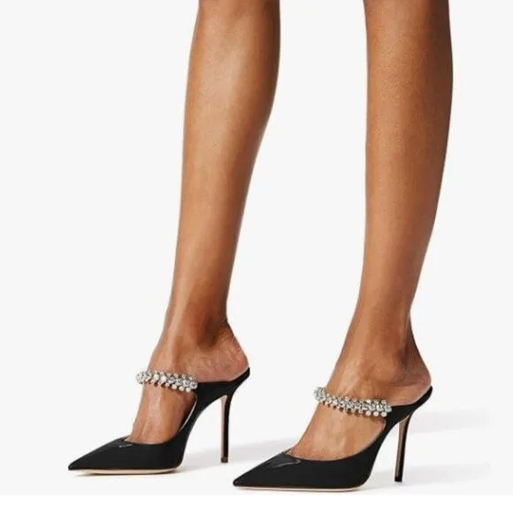 FOWT Black Rhinestone Strappy Pointed Toe Mules Stiletto High Heels Bridal Mule