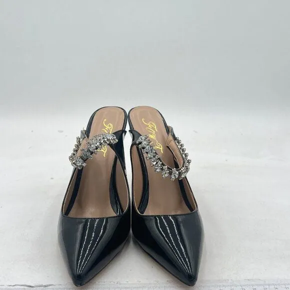 FOWT Black Rhinestone Strappy Pointed Toe Mules Stiletto High Heels Bridal Mule
