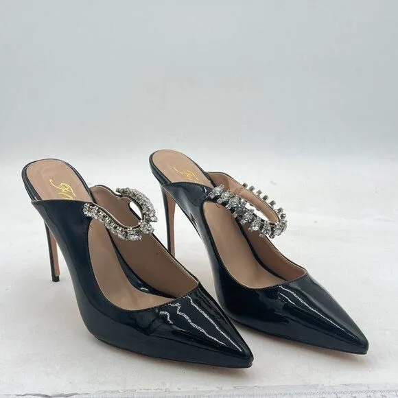 FOWT Black Rhinestone Strappy Pointed Toe Mules Stiletto High Heels Bridal Mule