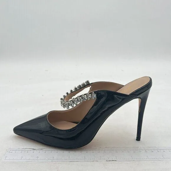 FOWT Black Rhinestone Strappy Pointed Toe Mules Stiletto High Heels Bridal Mule