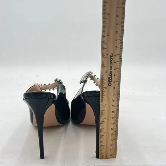 FOWT Black Rhinestone Strappy Pointed Toe Mules Stiletto High Heels Bridal Mule