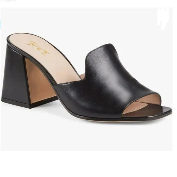 FOWT Black Square Open Toe Slip on Mule for Women Chic Flared High Heel Slipper