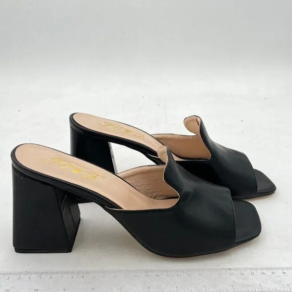 FOWT Black Square Open Toe Slip on Mule for Women Chic Flared High Heel Slipper