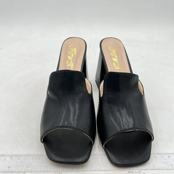 FOWT Black Square Open Toe Slip on Mule for Women Chic Flared High Heel Slipper