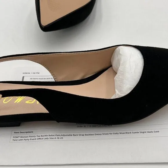 FOWT Black Suede Pointed Toe Slingback Buckle Strap Mule Travel Shoe