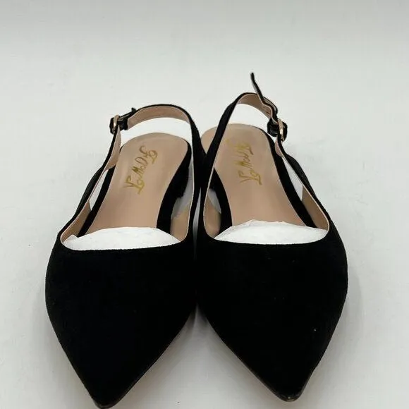 FOWT Black Suede Pointed Toe Slingback Buckle Strap Mule Travel Shoe