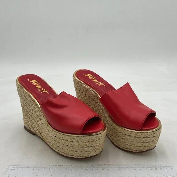 FOWT Red Platform Wedge Sandals Espadrilles Braided Open Toe Slip On Summer Mule