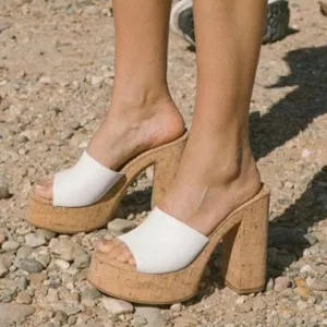 FOWT White Cork High Chunky Heel Backless Mule Platform Open Toe Casual Sandals