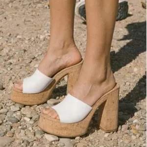 FOWT White Cork High Chunky Heel Backless Mule Platform Open Toe Vacation Sandal