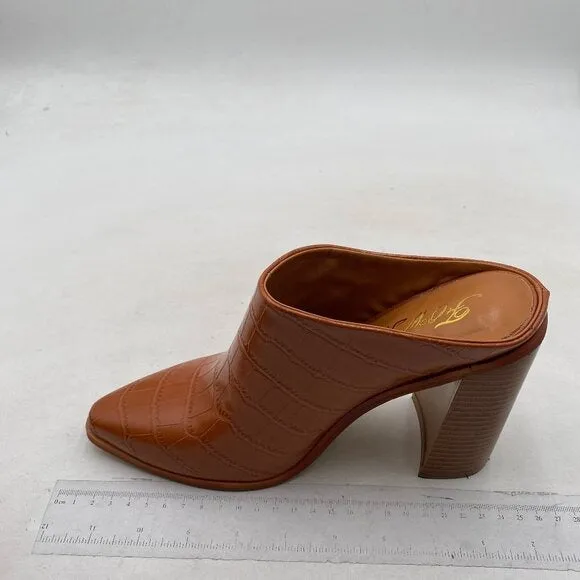 FOWT Women Crocodile Embossed Mule Chunky Stacked Heel Slipper Pointed Toe Brown