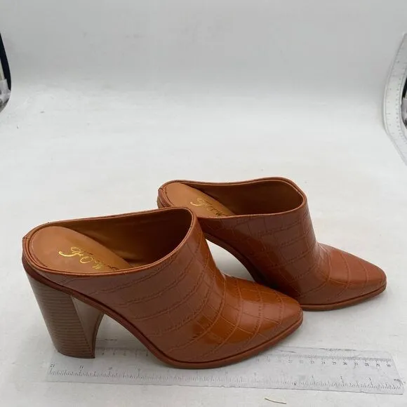 FOWT Women Crocodile Embossed Mule Chunky Stacked Heel Slipper Pointed Toe Brown