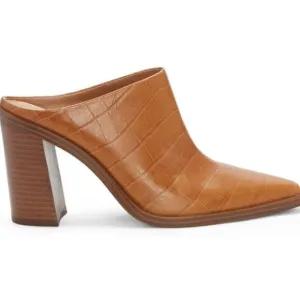 FOWT Women Crocodile Embossed Mule Chunky Stacked Heel Slipper Pointed Toe Brown