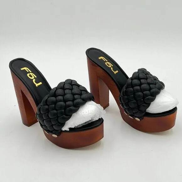 FSJ Black Braided Open Toe Chunky High Heel Sandal Woven Slip On Mule Comfortabl