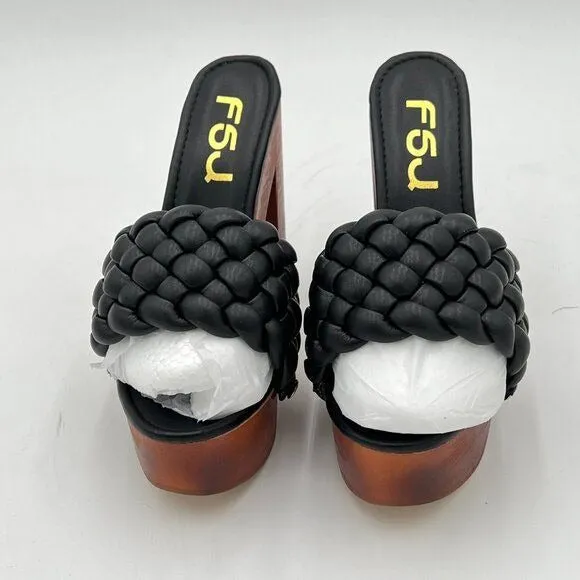 FSJ Black Braided Open Toe Chunky High Heel Sandal Woven Slip On Mule Comfortabl