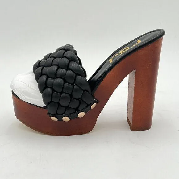 FSJ Black Braided Open Toe Chunky High Heel Sandal Woven Slip On Mule Comfortabl