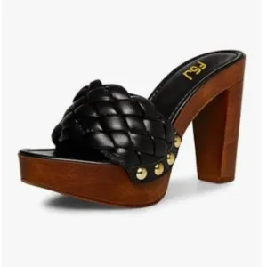 FSJ Black Braided Open Toe Chunky High Heel Sandal Woven Slip On Mule Comfortabl