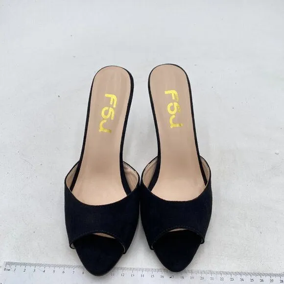 FSJ Black Casual Peep Toe Mule Sandals Stiletto High Heels Party Evening Shoe
