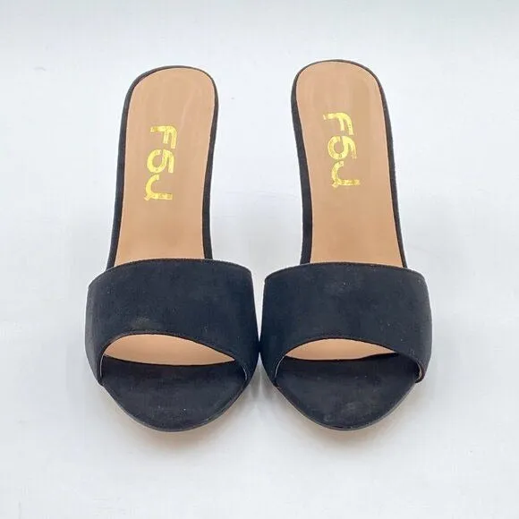 FSJ Black Casual Peep Toe Mule Sandals Stiletto High Heels Party Evening Shoe