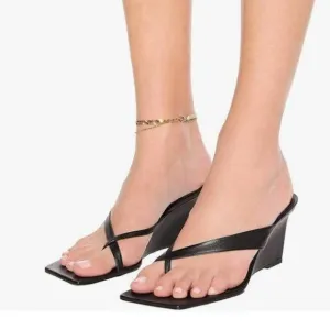 FSJ Black Flip Flop Slide Mule Shoes Square Open Toe Thong Summer Wedge Sandal