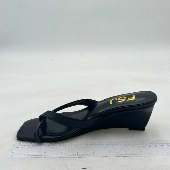 FSJ Black Flip Flop Slide Mule Shoes Square Open Toe Thong Summer Wedge Sandal
