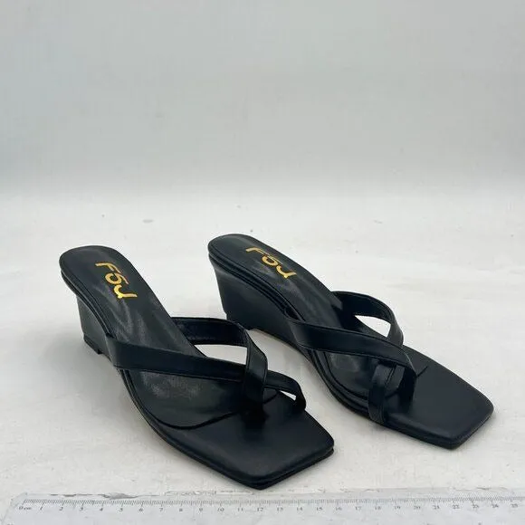 FSJ Black Flip Flop Slide Mule Shoes Square Open Toe Thong Summer Wedge Sandal