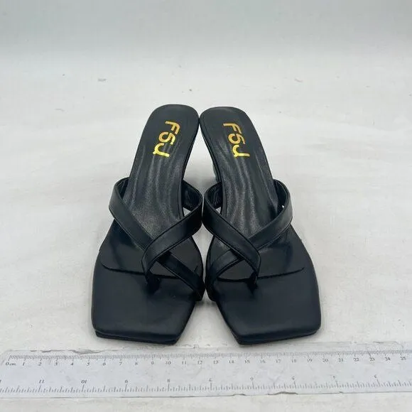 FSJ Black Flip Flop Slide Mule Shoes Square Open Toe Thong Summer Wedge Sandal