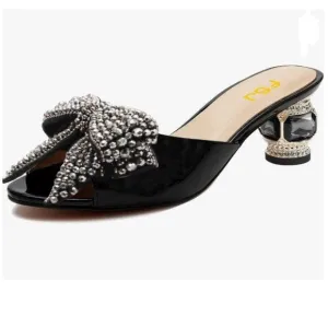 FSJ Black Low Heel Rhinestone Bow Mule Sandals Peep Toe Crystal Slipper